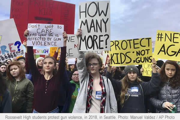 Students at Roosevelt High School take part in a protest against gun violence, March 2018, in Seattle