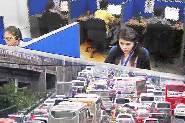 Photo montage of call center workers and Metro Manila traffic